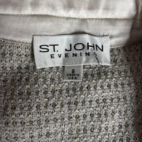 Vintage St John Evening Metallic Blazer 8 Silver Grey Satin Lapel Buttons Pocket - Picture 7 of 7